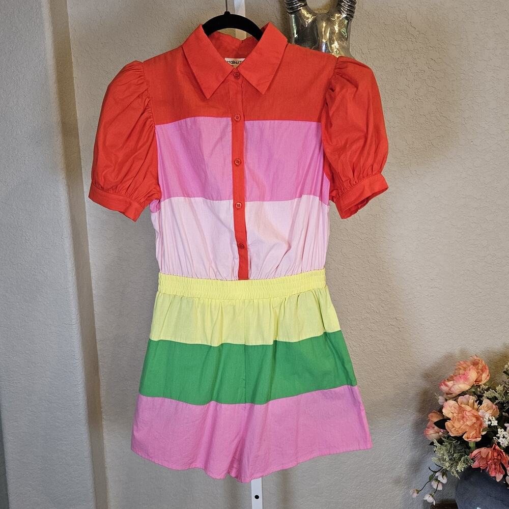 MainStrip Rainbow Colorblock Button-Down Romper NWT Size M Puff Sleeve